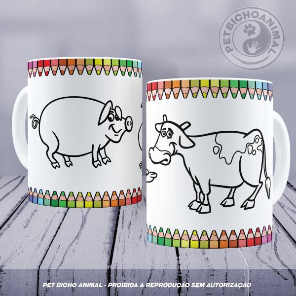 Caneca para Colorir - Animais da Fazenda