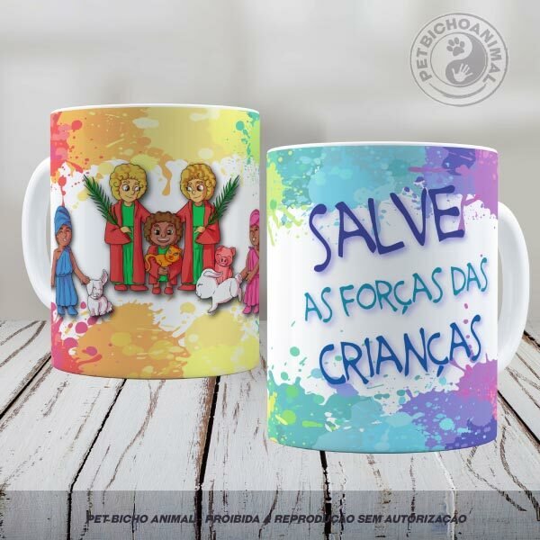 Caneca - Cosme, Damião e Doum com Crianças e Animais